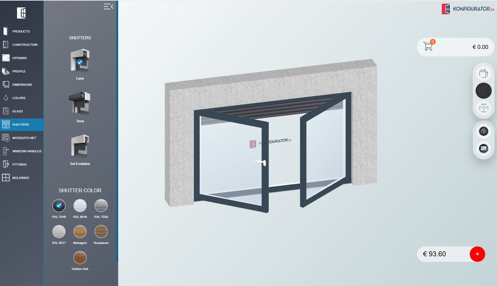 Window configurator shutter selection and colours